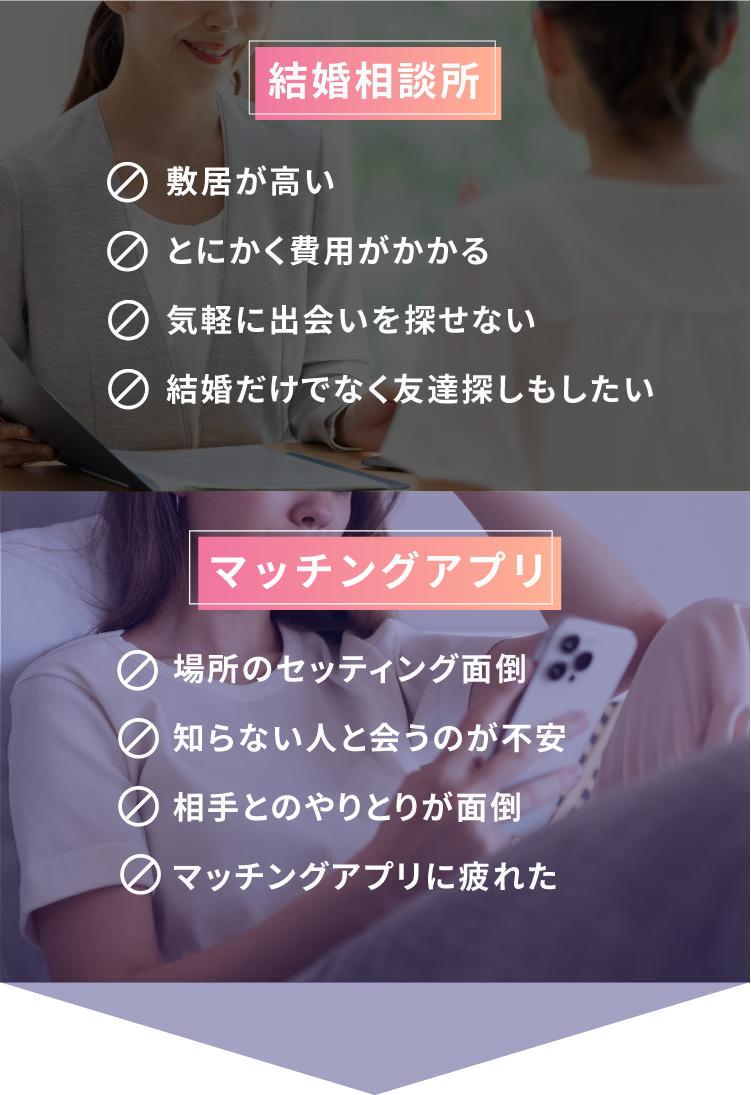 結婚相談所は、敷居が高い、とにかく費用がかかる、気軽に出会いを探せない、結婚だけでなく友達探しもしたい　マッチングアプリは、場所のセッティング面倒、知らない人と会うのが不安、相手とのやりとりが面倒、マッチングアプリに疲れた